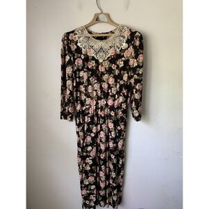 ED Michaels Women Dress 12 Black Floral School Teacher Maxi Cottagecore Lace VTG